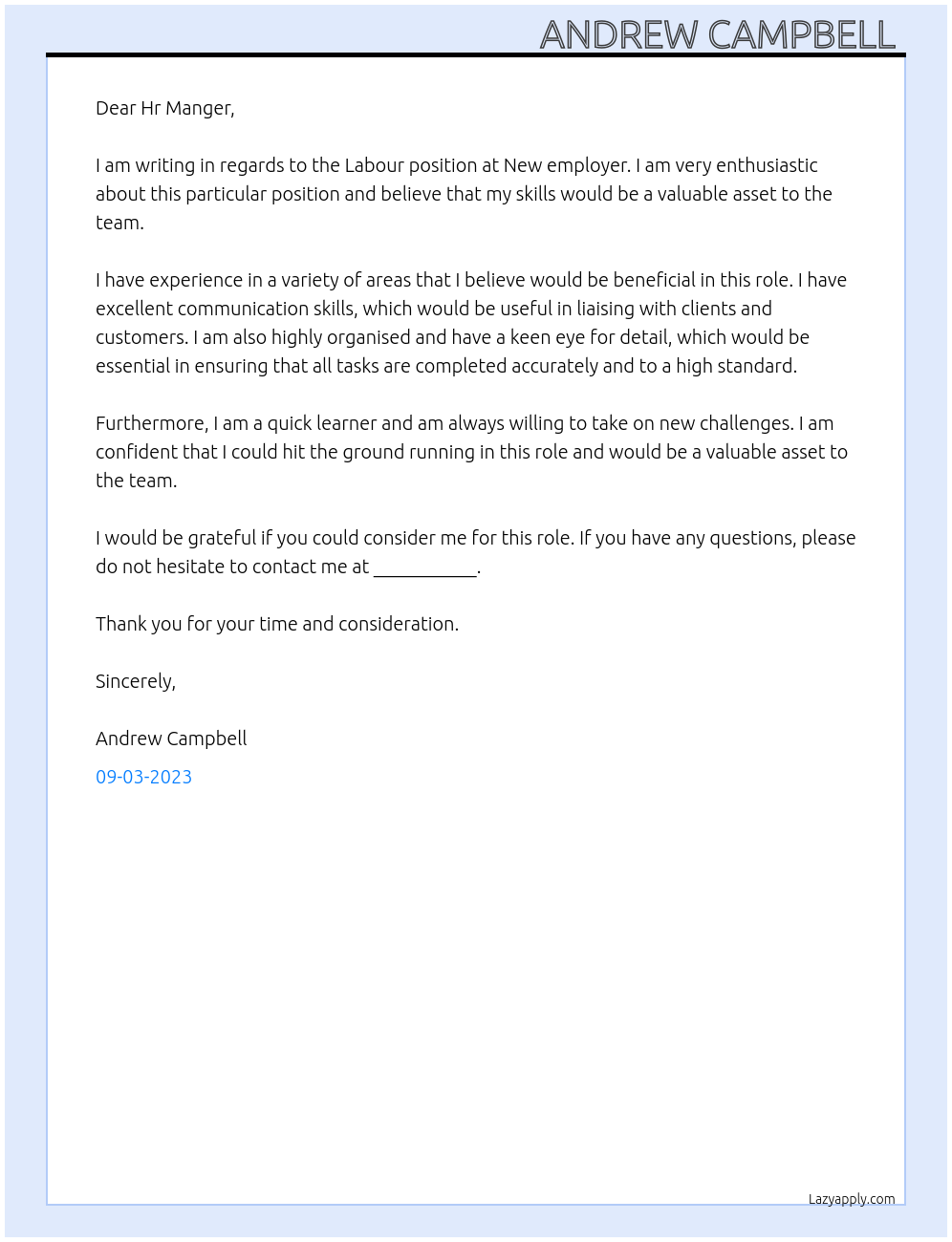 Labour  At New employer  Cover Letter