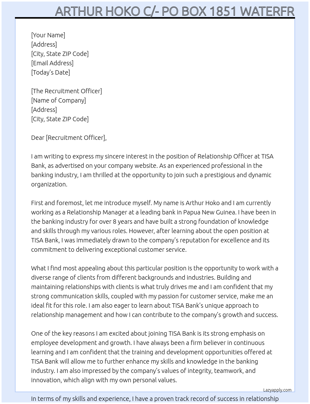 Relationship Officer At TISA Bank PO Box 319 Waigani NCD Cover Letter