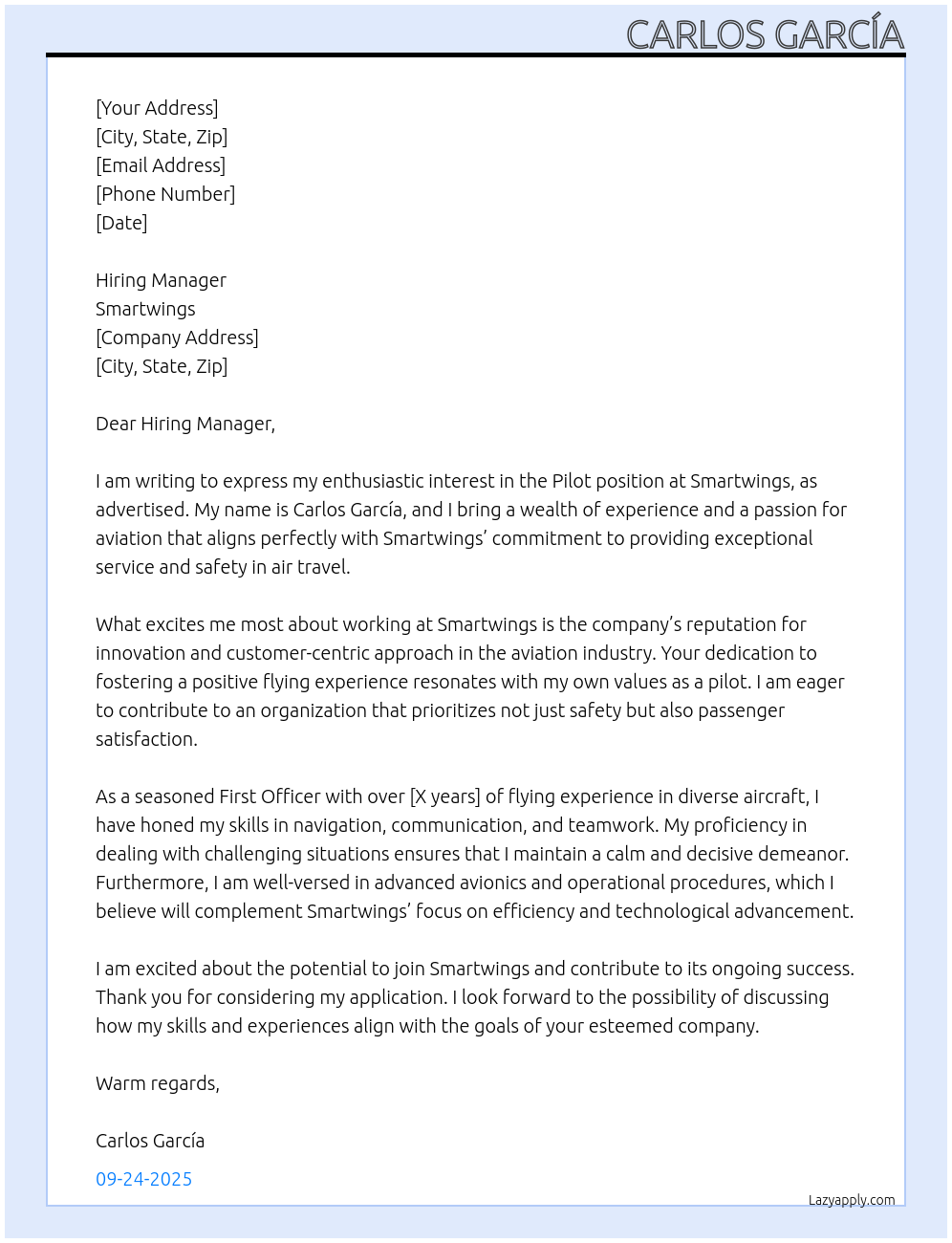 Cover letter for pilot - LazyApply