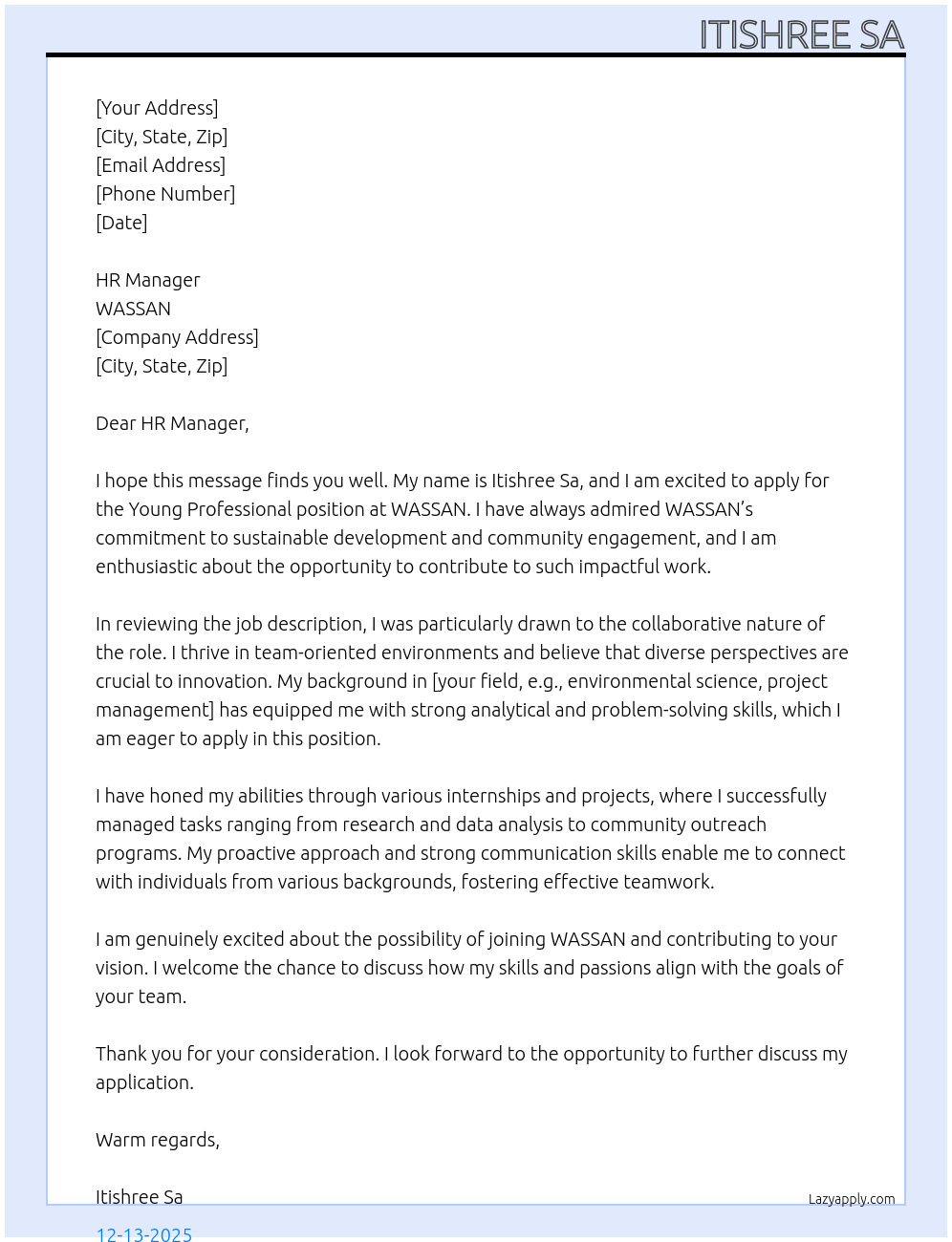 Cover letter for young professional - LazyApply