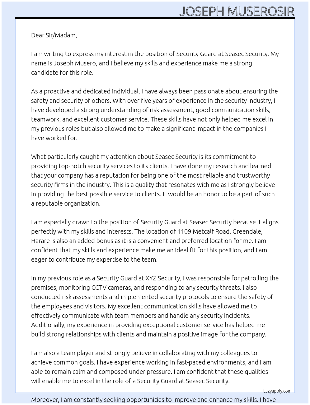 Security Guard At Seasec Security Cover Letter