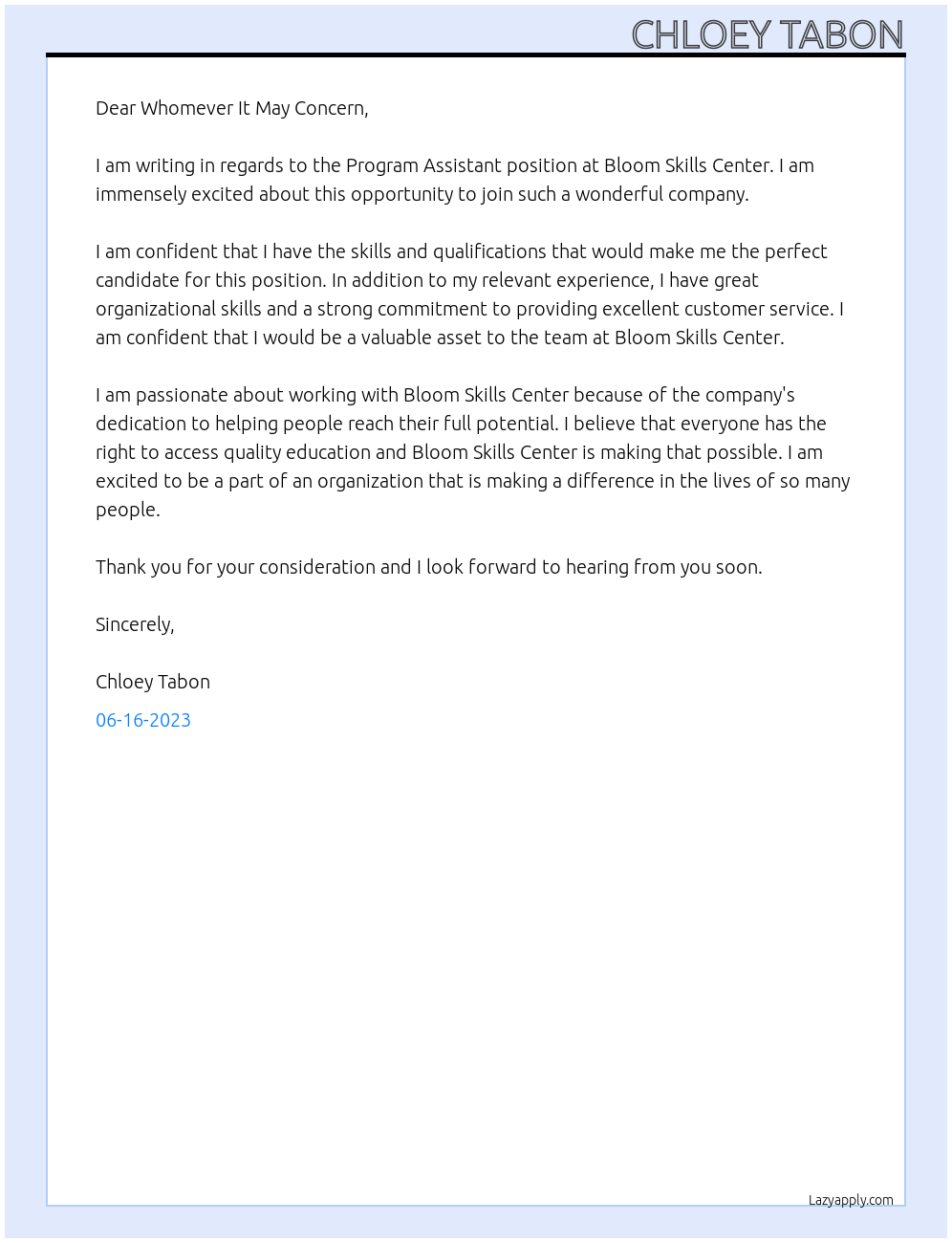 Program Assistant At Bloom Skills Center Cover Letter