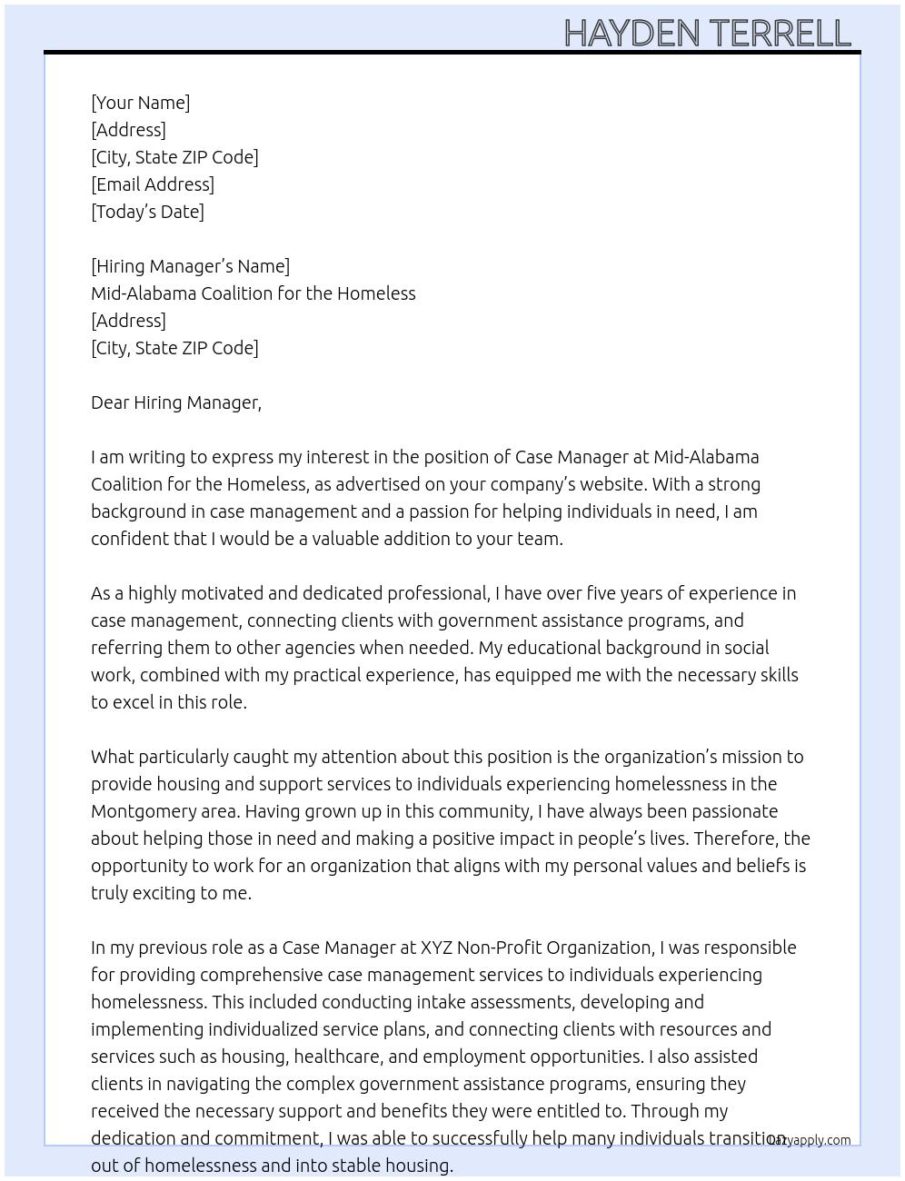 Case Manager At Mid-Alabama Coalition for the Homeless Cover Letter