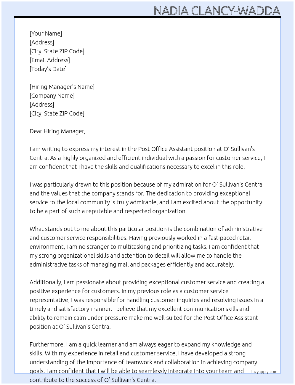 Post Office Assistant At O' Sullivan's Centra Cover Letter