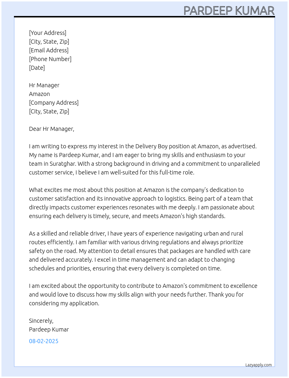 Delivery boy  At Amazon Cover Letter