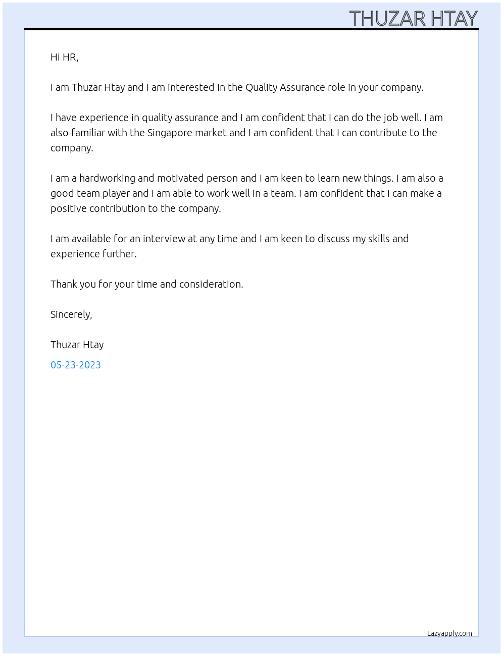 Quality Assurance At TZH Cover Letter