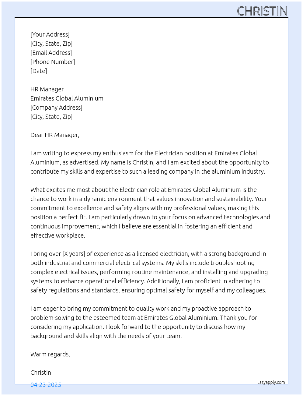 electrician At emirates global aluminium Cover Letter