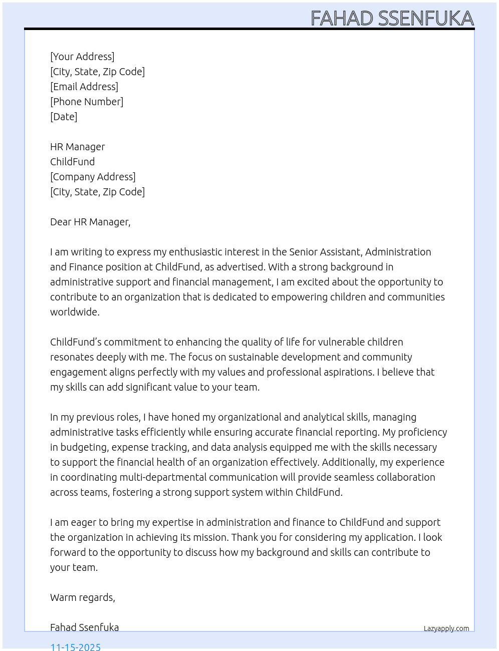 Senior Assistant, Administration and Finance At Child fund Cover Letter