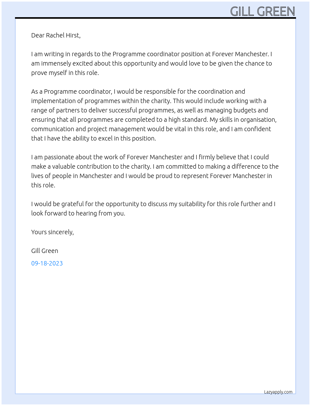 Programme coordinator At Forever Manchester Cover Letter