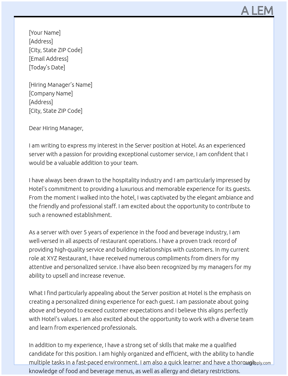 Server At Hotel Cover Letter