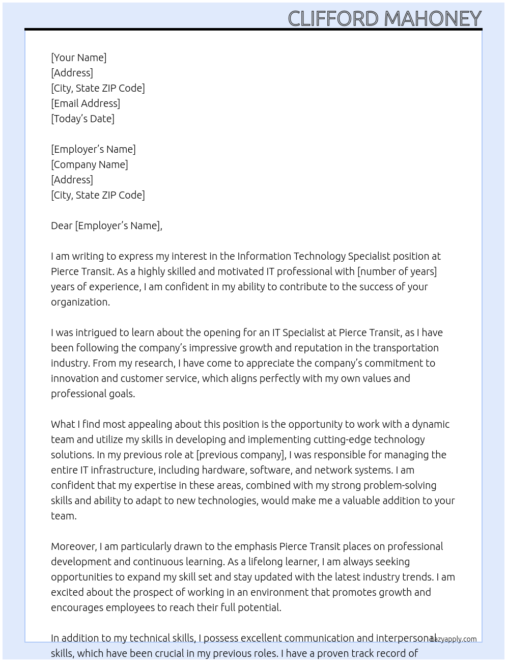 Information Technology Specialist At Pierce Transit Cover Letter