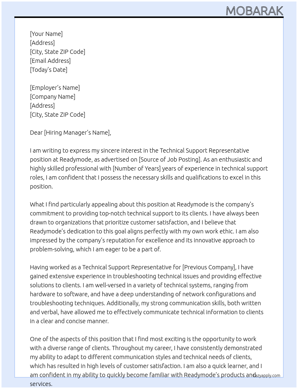 Technical Support Representative At Readymode Cover Letter