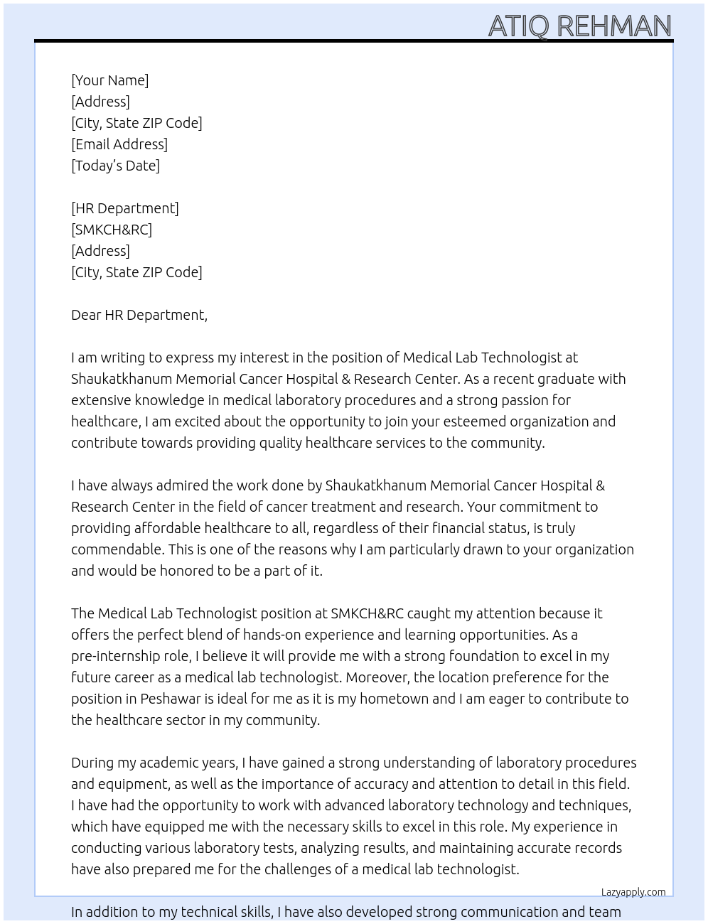 Medical Lab Technologist At Shaukatkhanum Memorial Cancer Hospital & Research Center Cover Letter