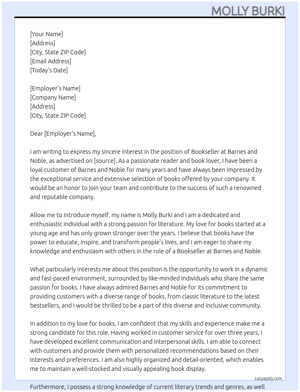 Bookseller At Barnes and Noble Cover Letter