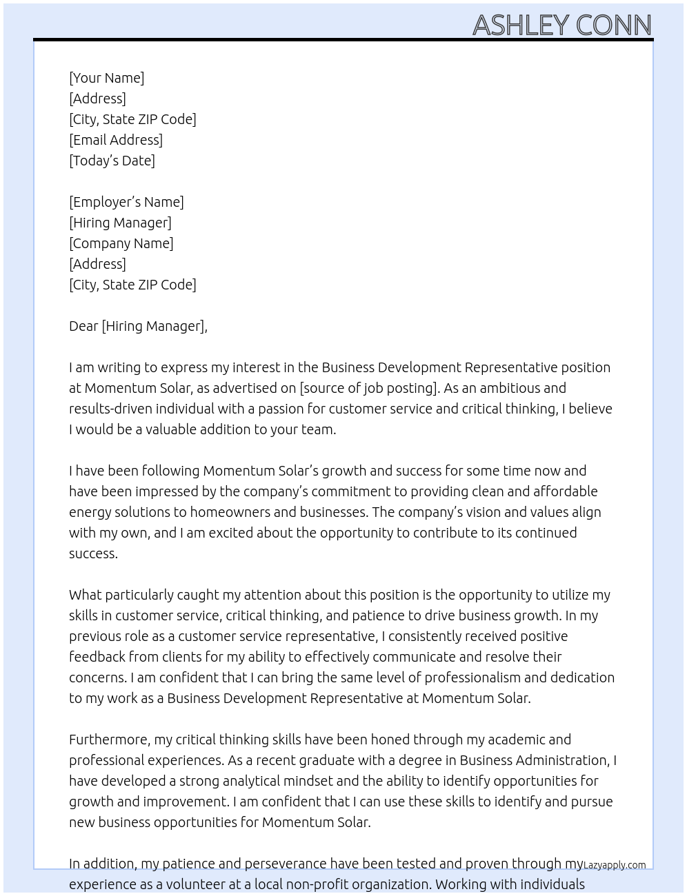 Business Development Representative At Momentum Solar Cover Letter