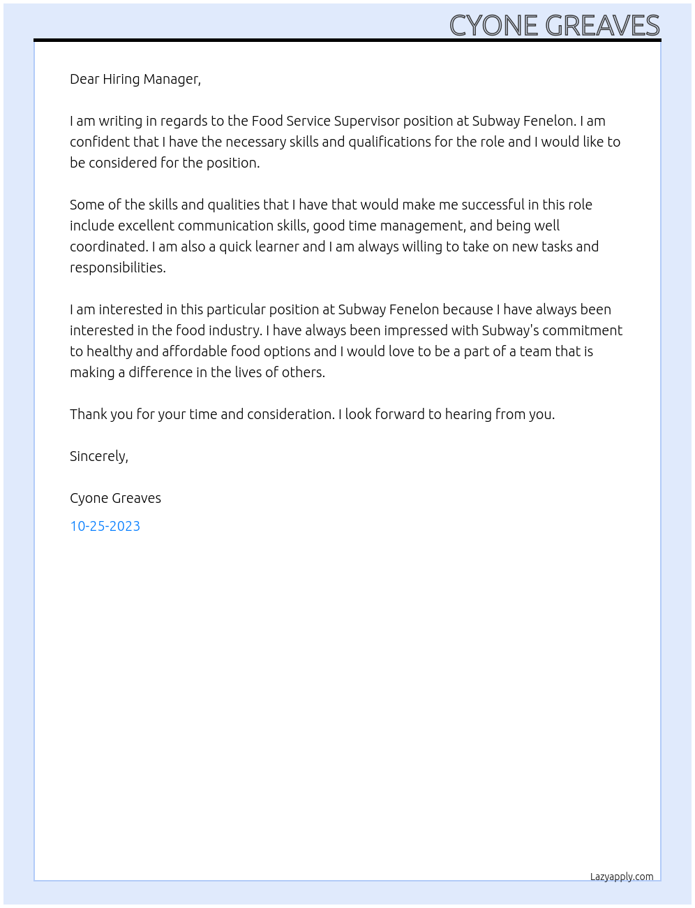 Food Service Supervisor At Subway Cover Letter