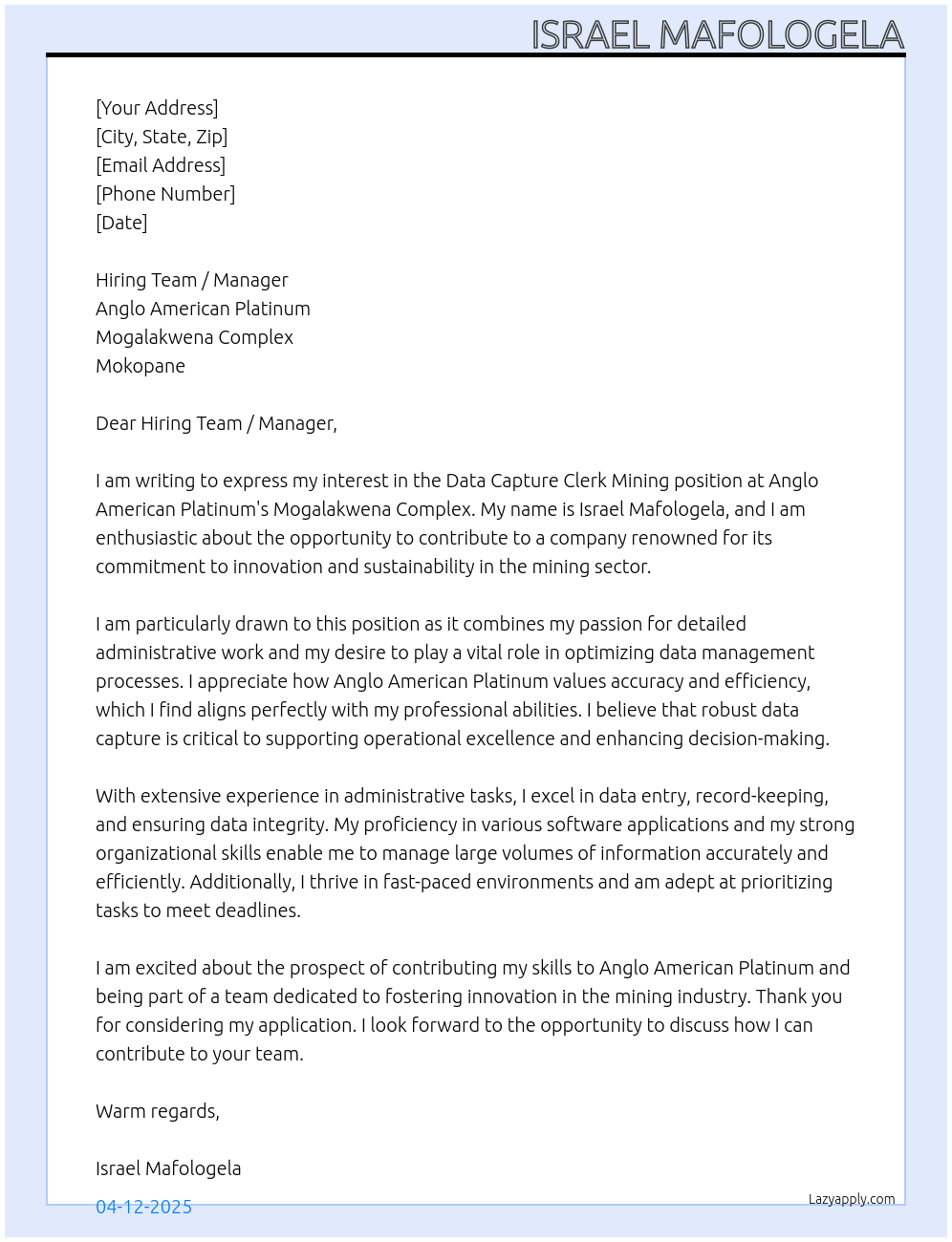 Data Capture Clerk Mining At Anglo American Platinum - Mogalakwena Complex - Mokopane Cover Letter