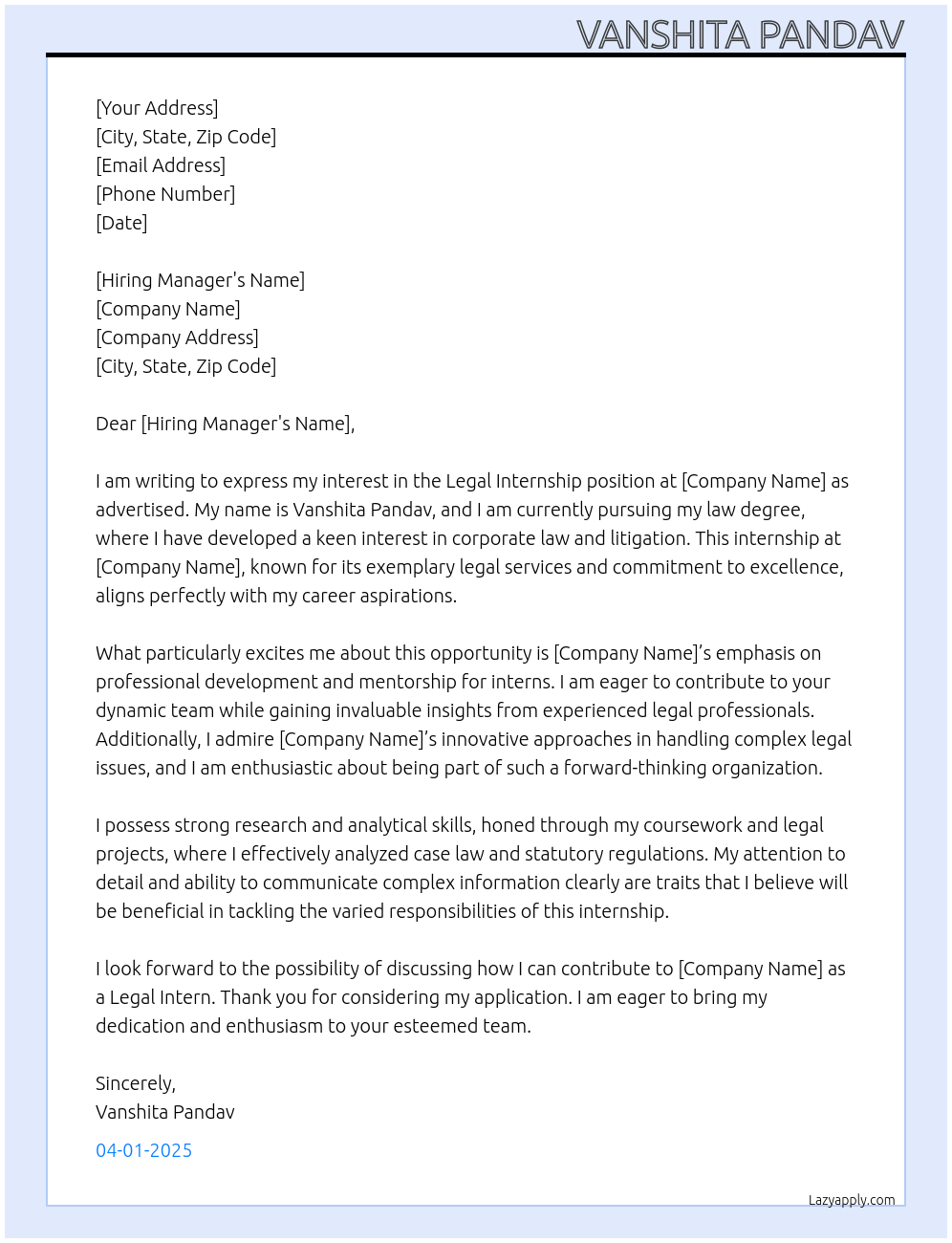 legal internship At any Cover Letter