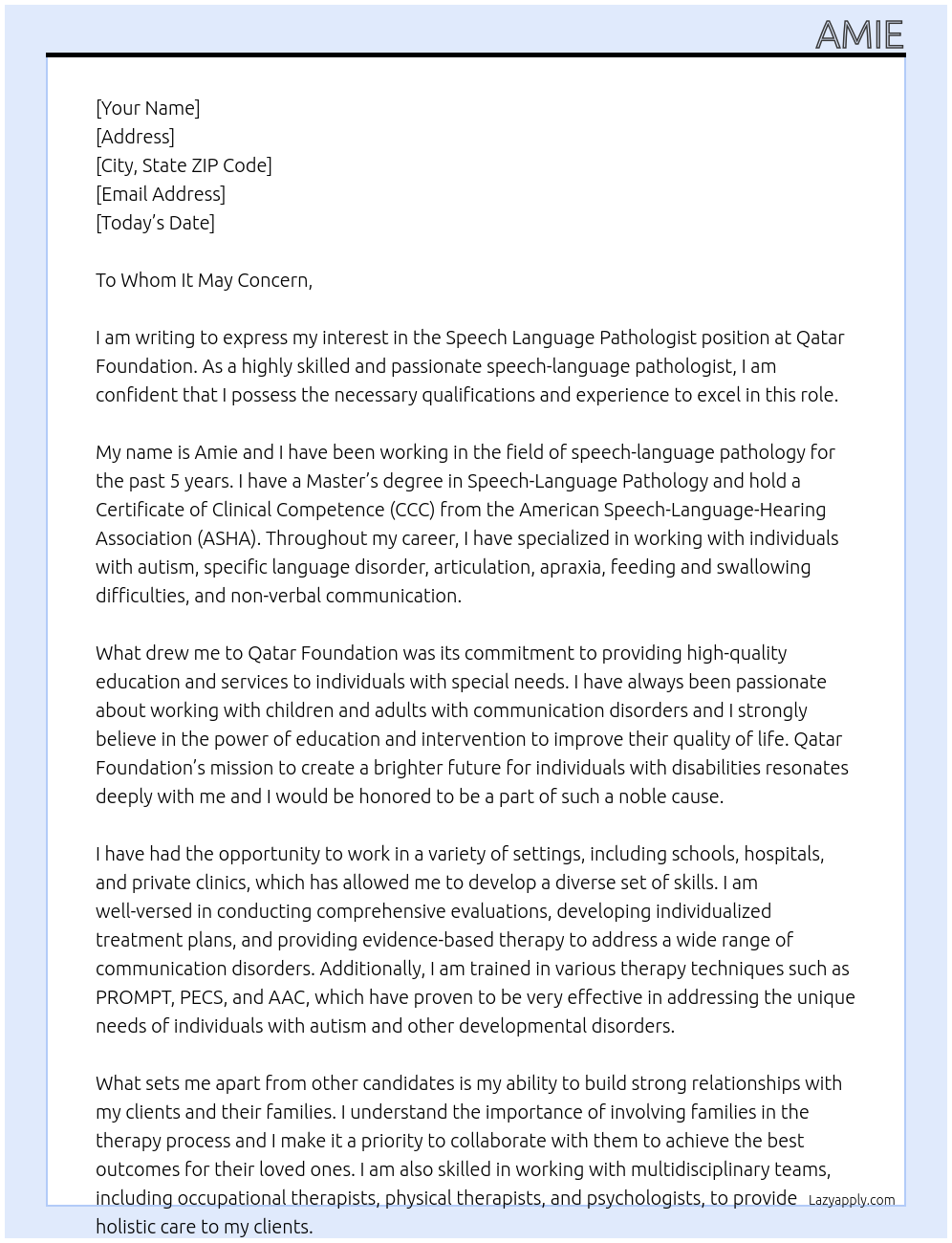 Cover letter for speech language pathologist - LazyApply