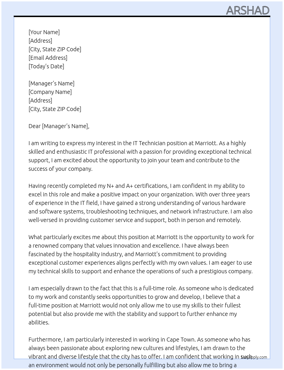 IT Technician At Marriott Cover Letter