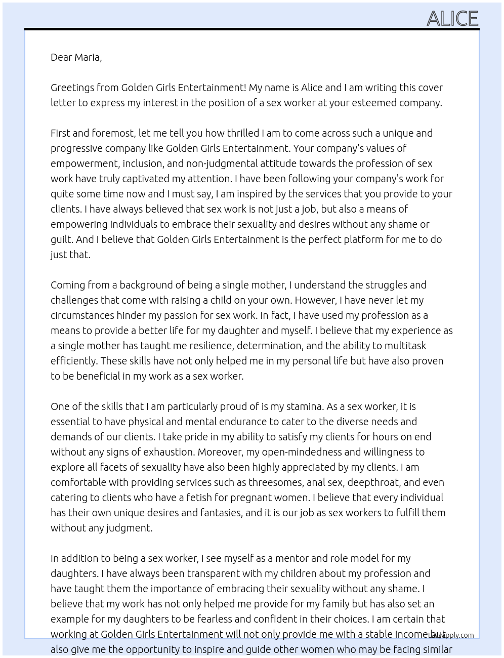 Sex worker At Golden Girls Entertainment Cover Letter