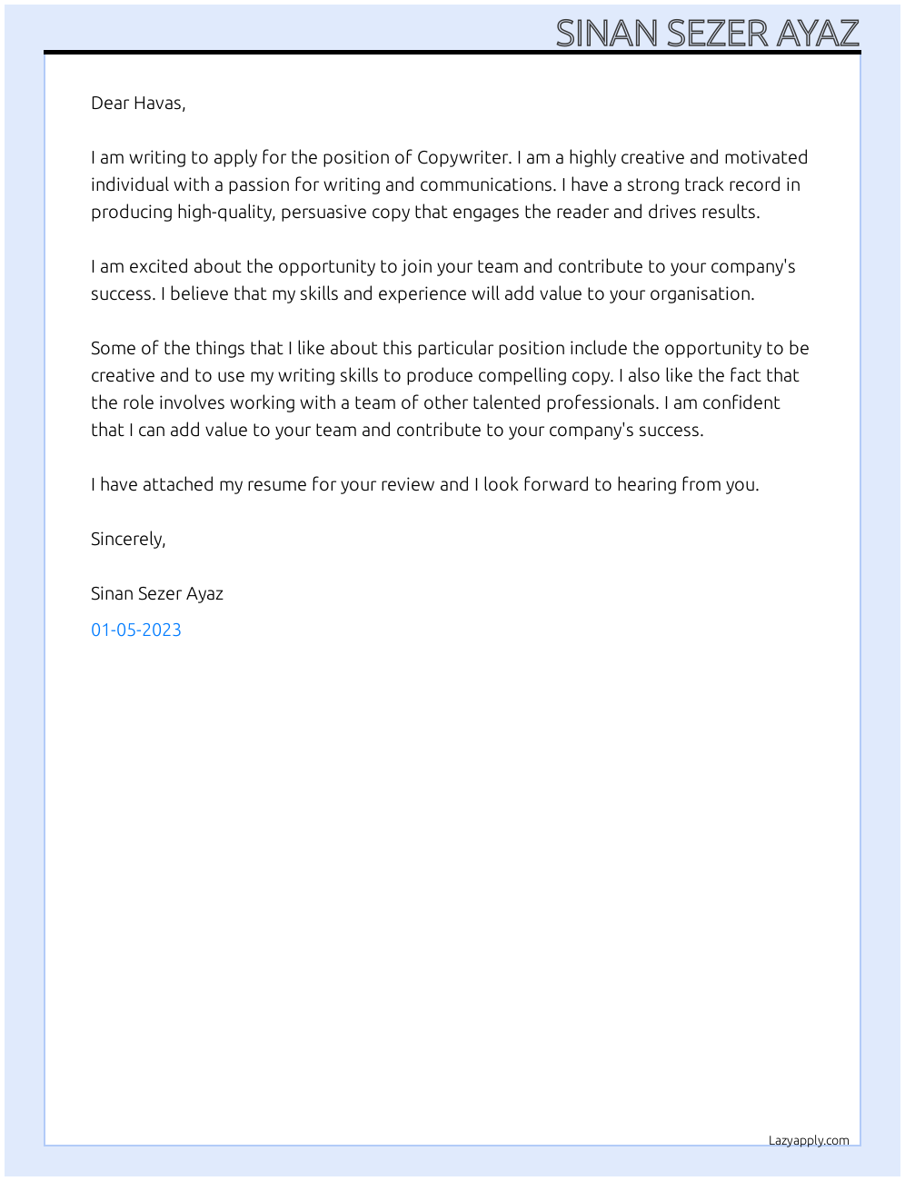 Copywriter At Havas Cover Letter