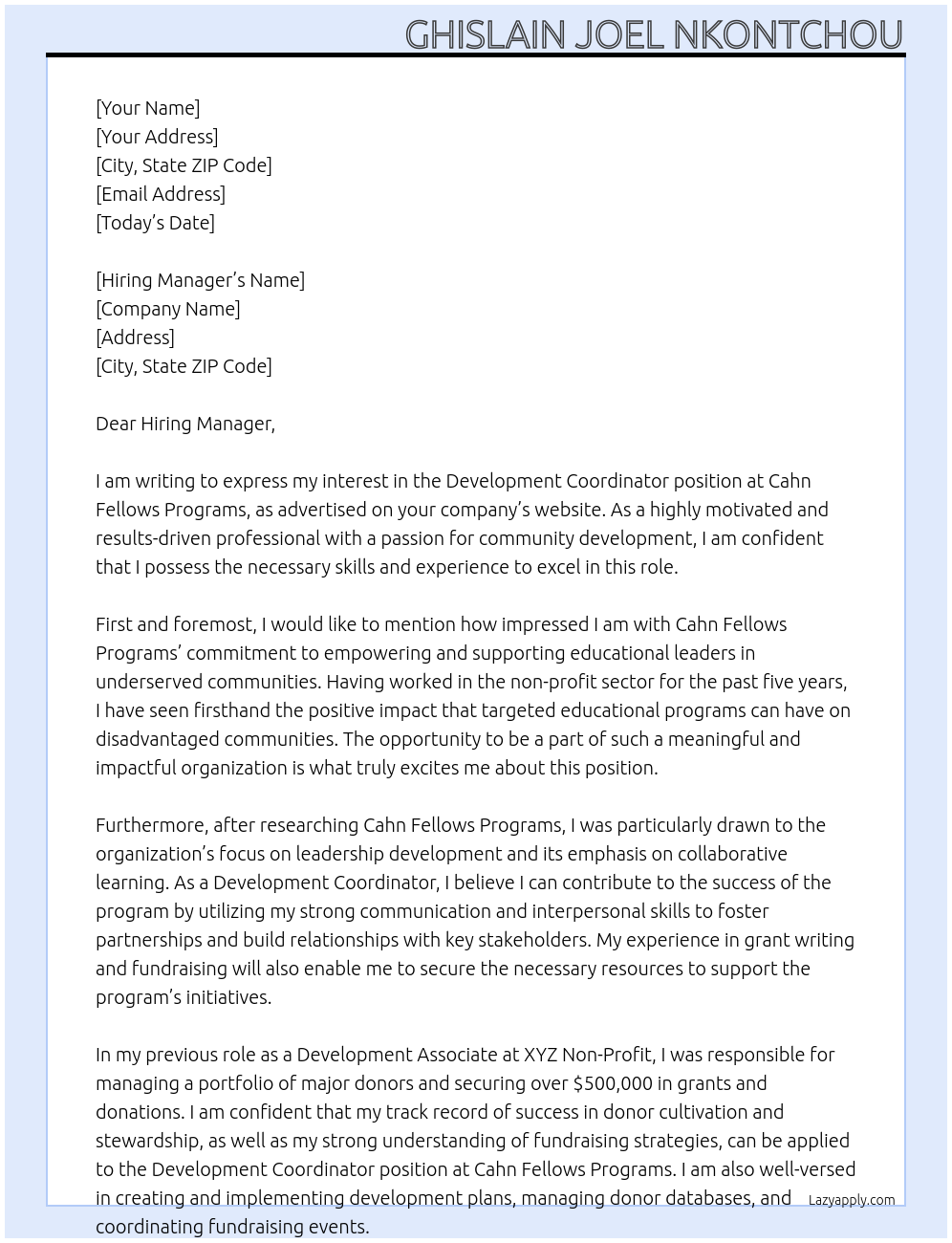 Development Coordinator At Cahn Fellows Programs Cover Letter