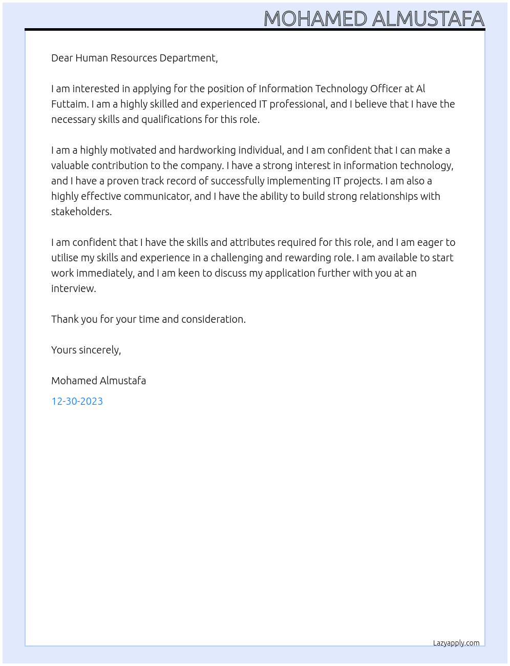 information technology officer At Al Futtaim Cover Letter