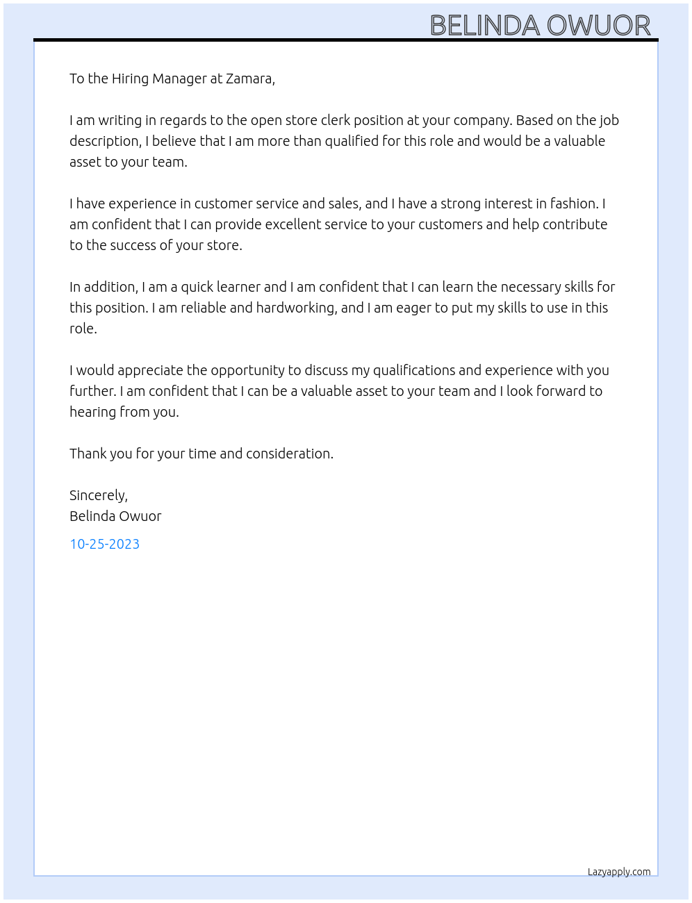 Store clerk At Zamara Cover Letter