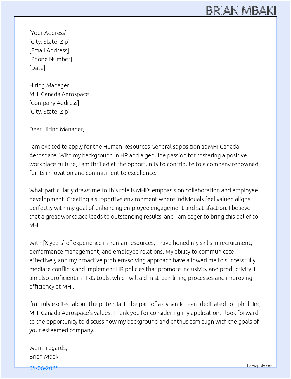 Human Resources Generalist At MHI Canada Aerospace Cover Letter