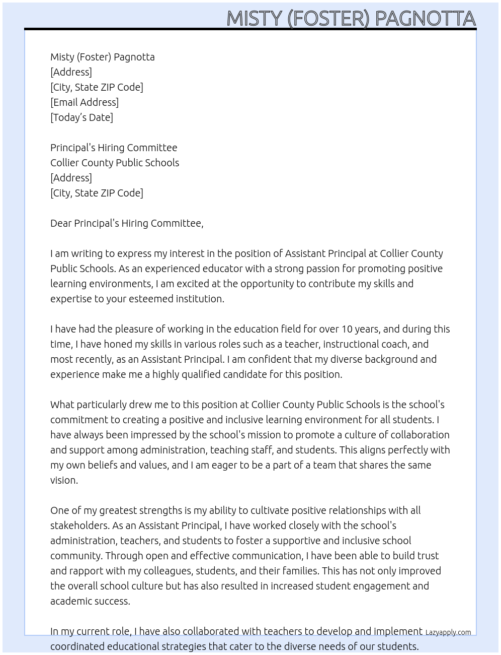 Assistant Principal At Collier County Public Schools Cover Letter