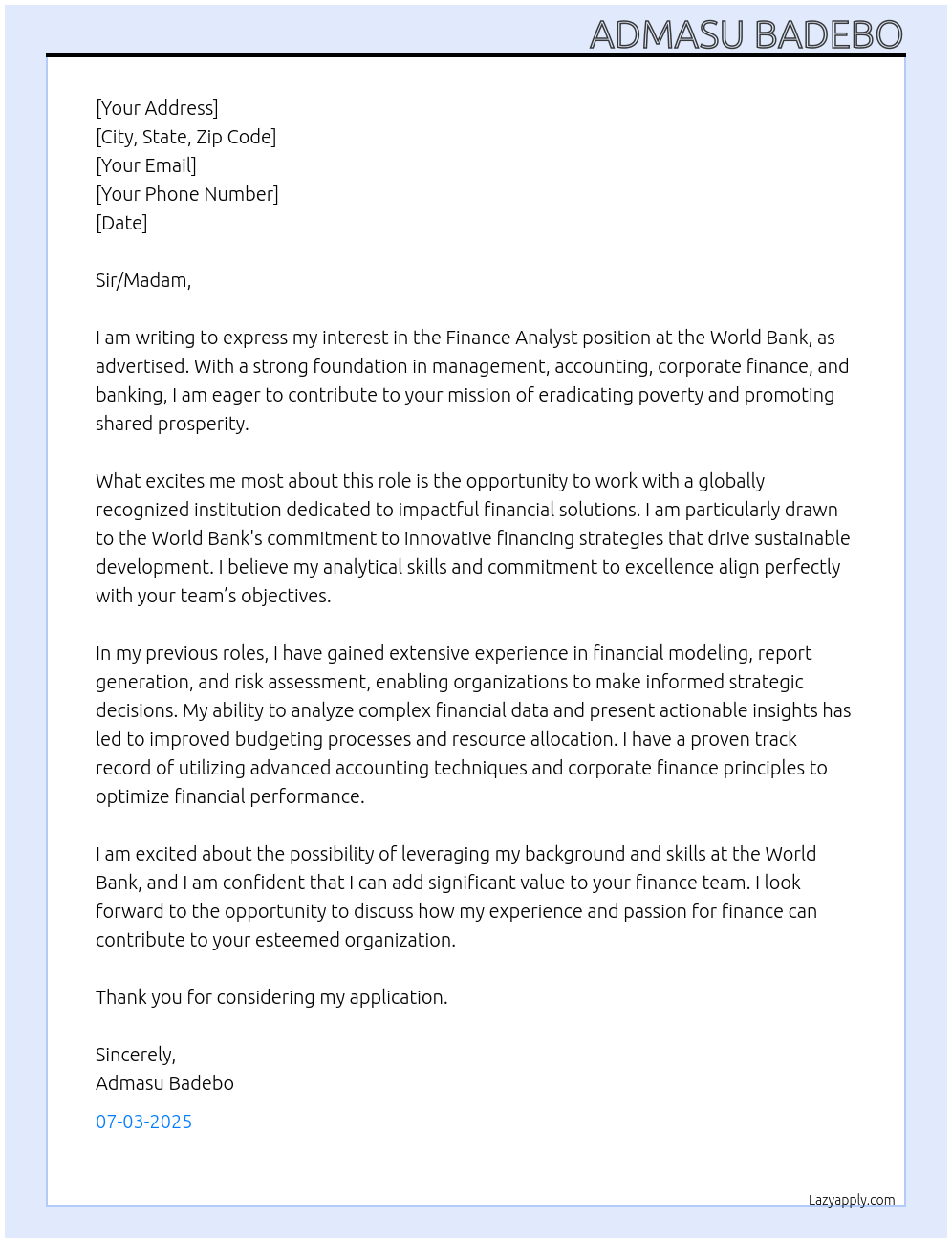 Finance Analyst At World Bank Cover Letter