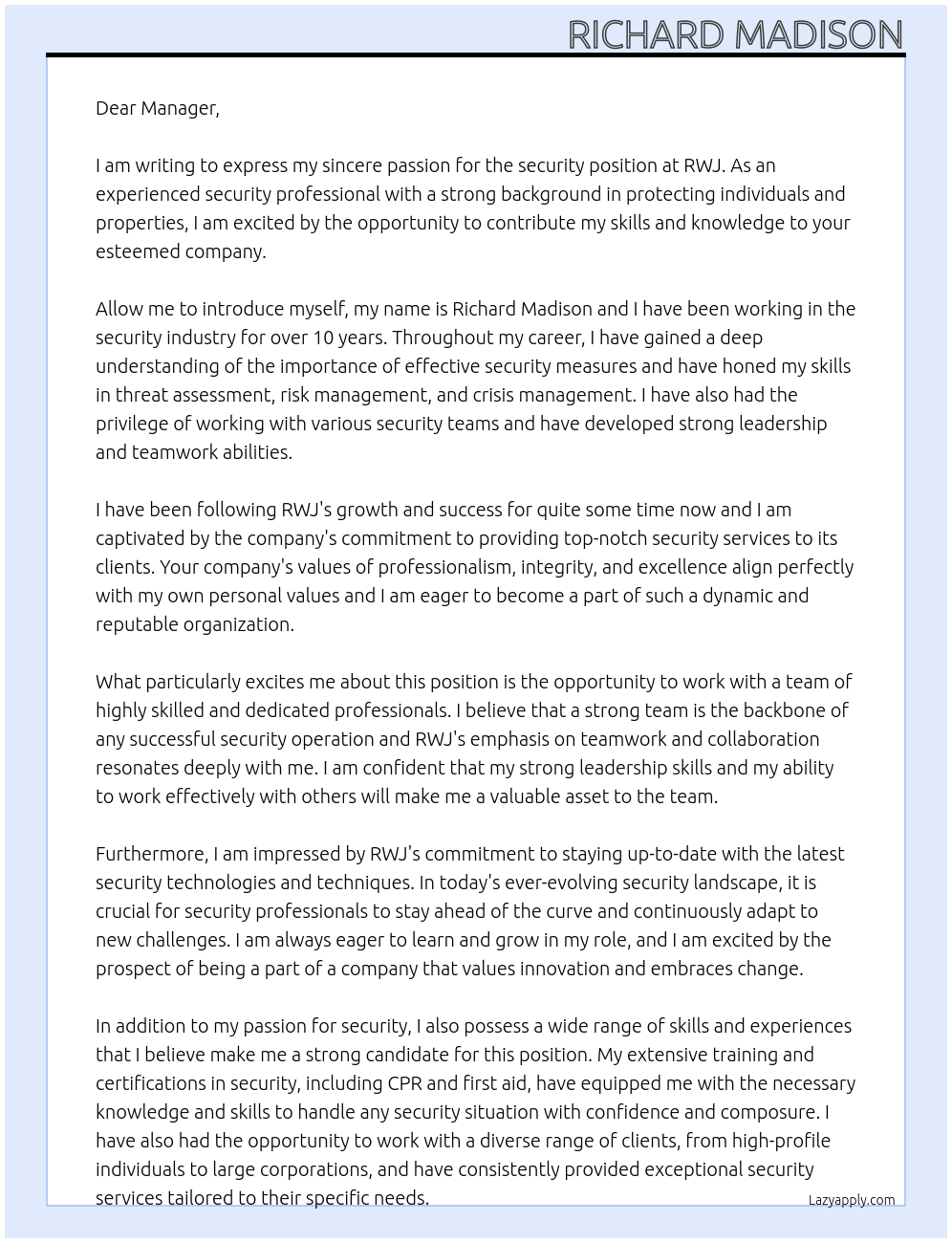 security At RWJ Cover Letter