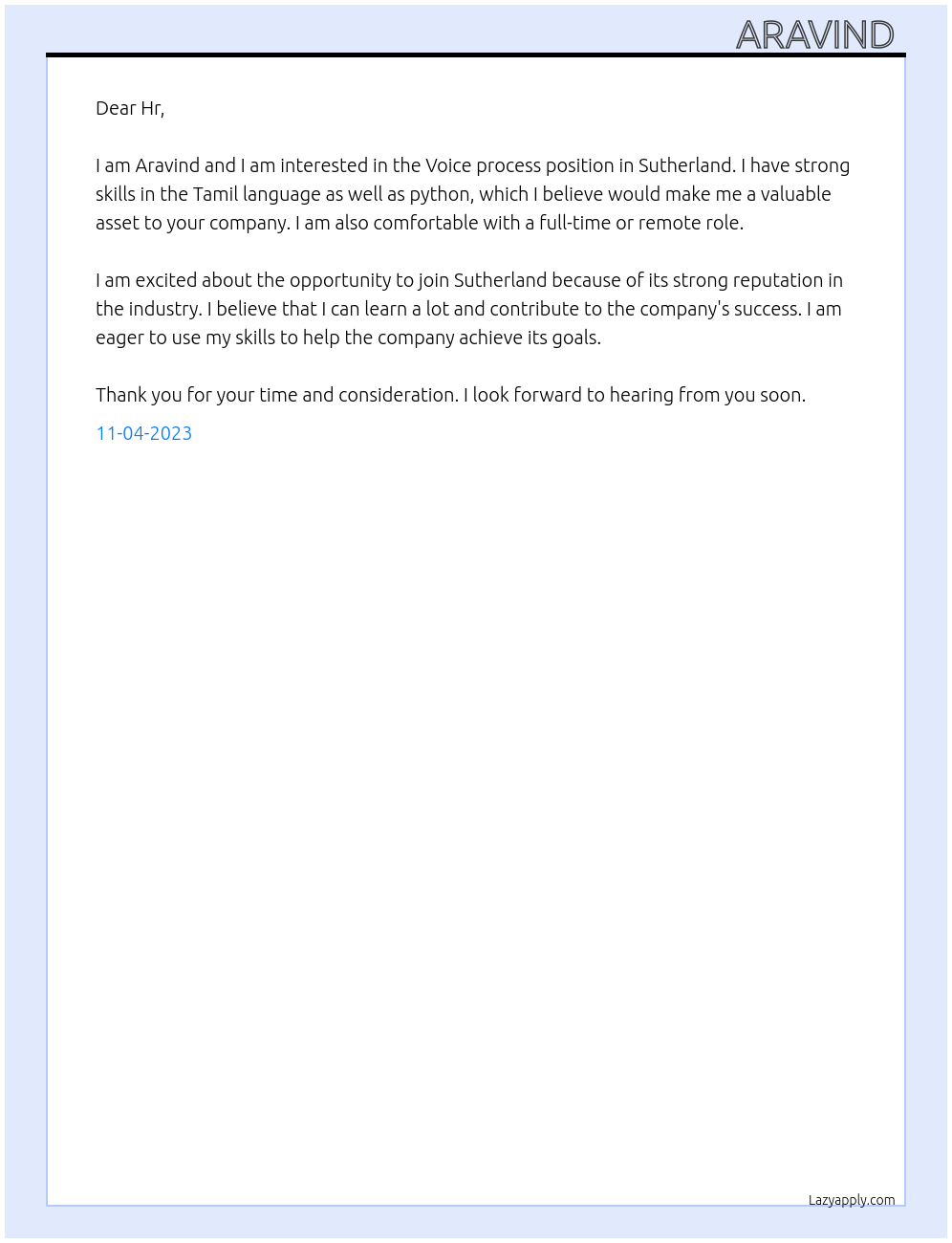 Voice process  At Sutherland  Cover Letter