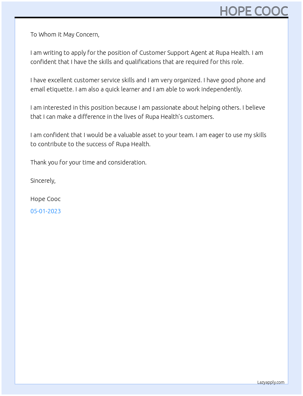 Customer Support Agent At Rupa Health Cover Letter