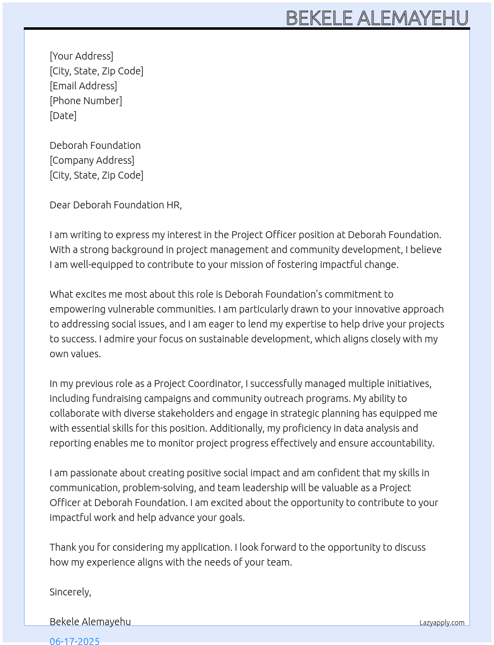 Project Officer At Deborah Foundation Cover Letter