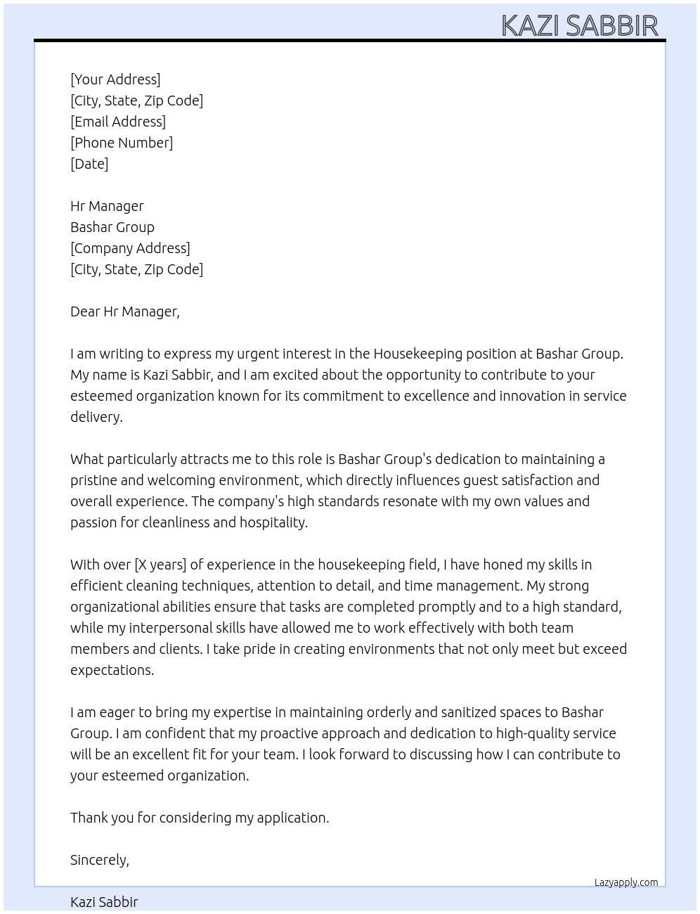 Housekeeping At Bashar group Cover Letter