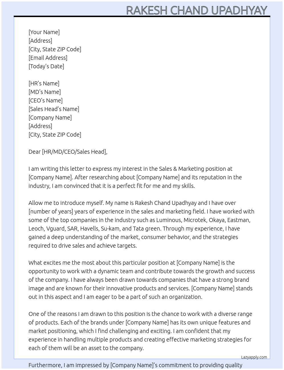 Sales & marketing At Luminous, Microtek, Okaya, Eastman, Leoch, Vguard, SAR, Havells,Su-kam, Tata green, Cover Letter