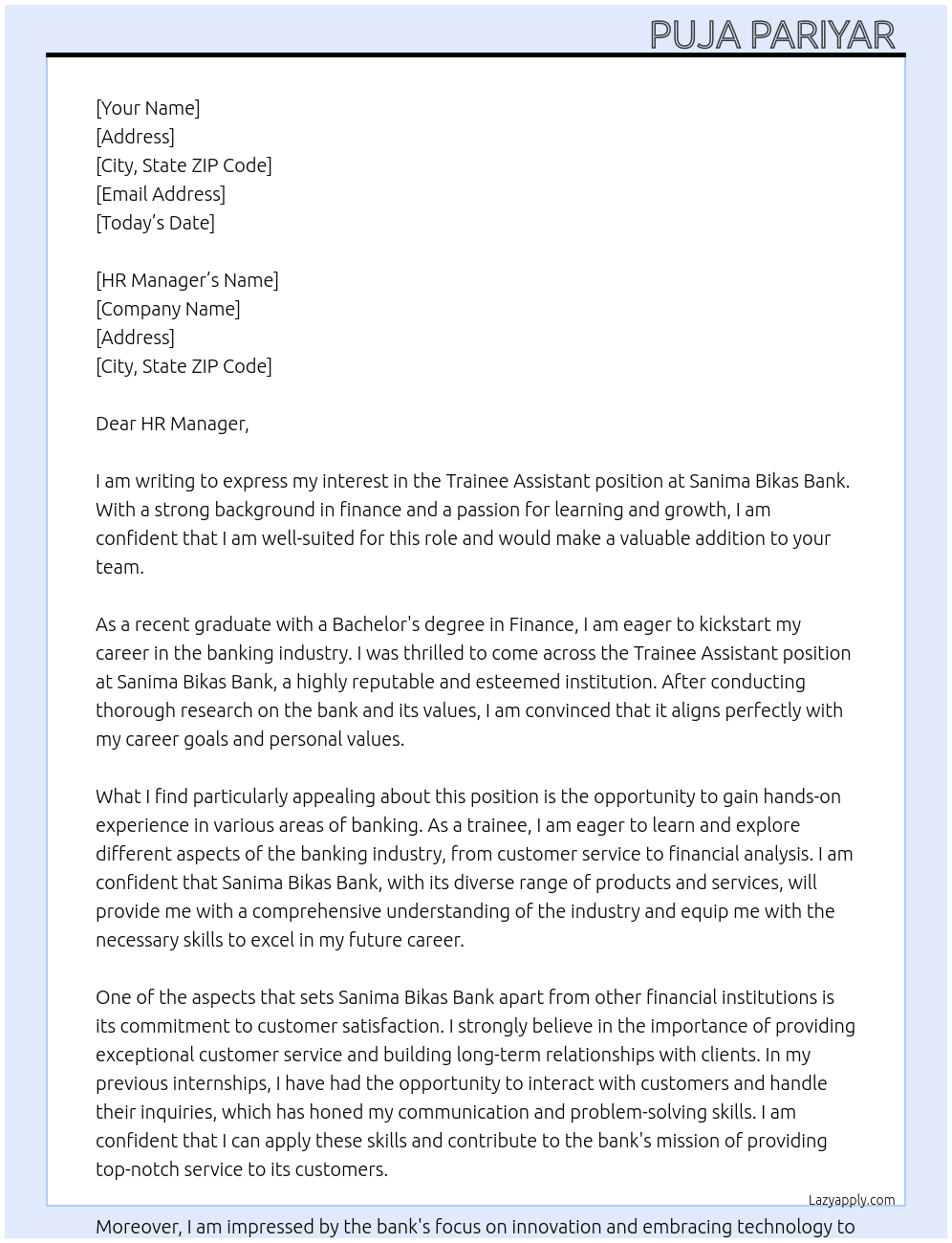 Trainee Assistant At Sanima Bikas Bank Cover Letter