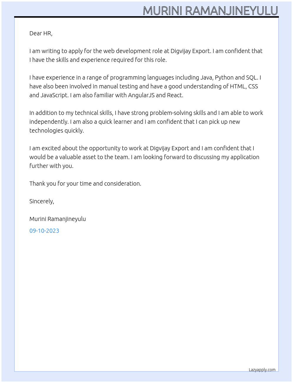 WEB DEVELOPMENT At Digvijay Export Cover Letter