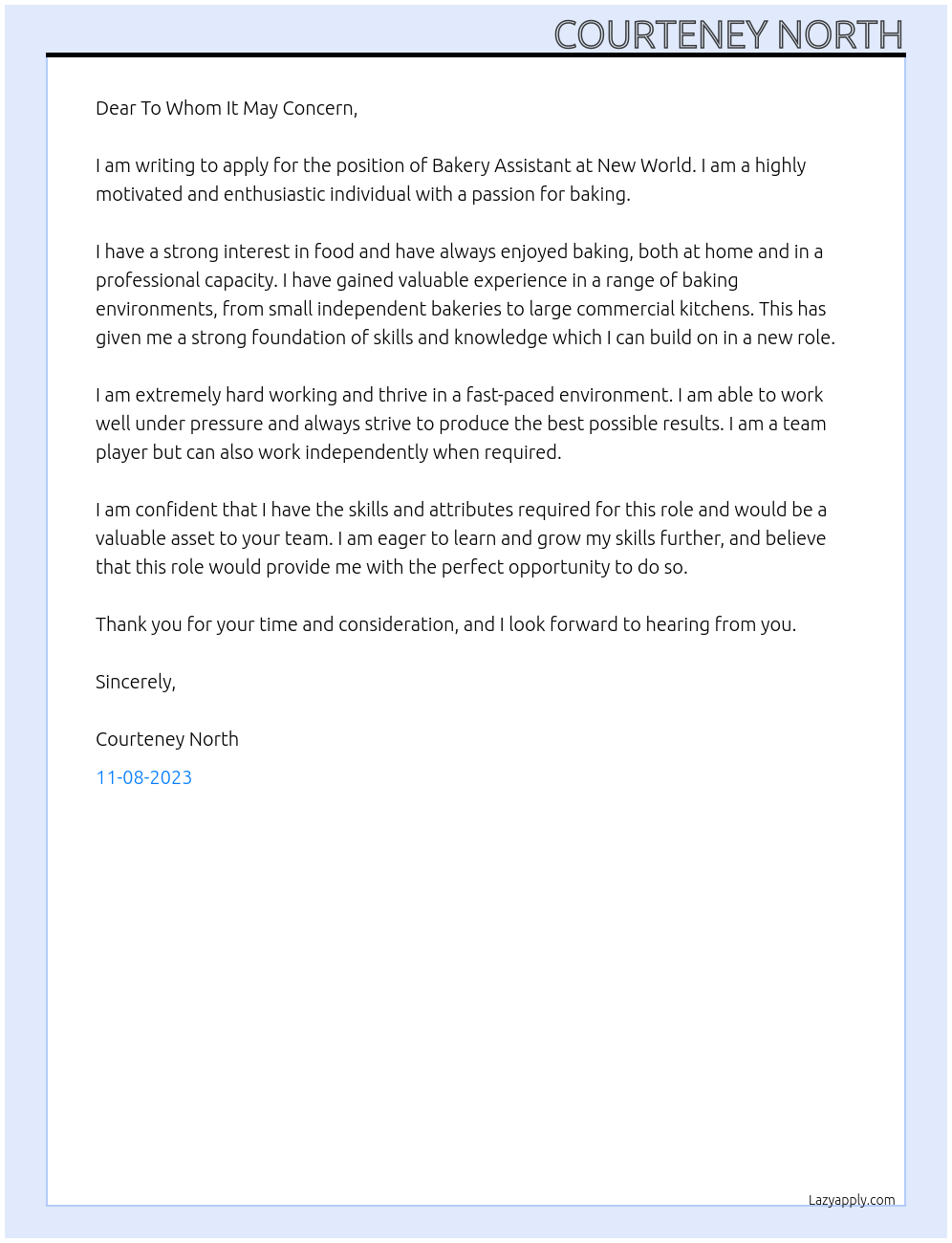 Bakery Assistant At New World Cover Letter