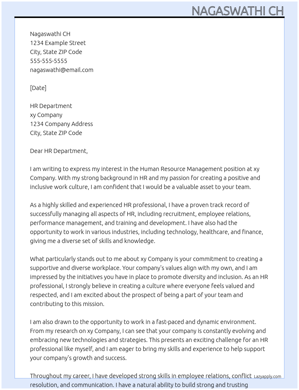 Human resource management At xy company Cover Letter