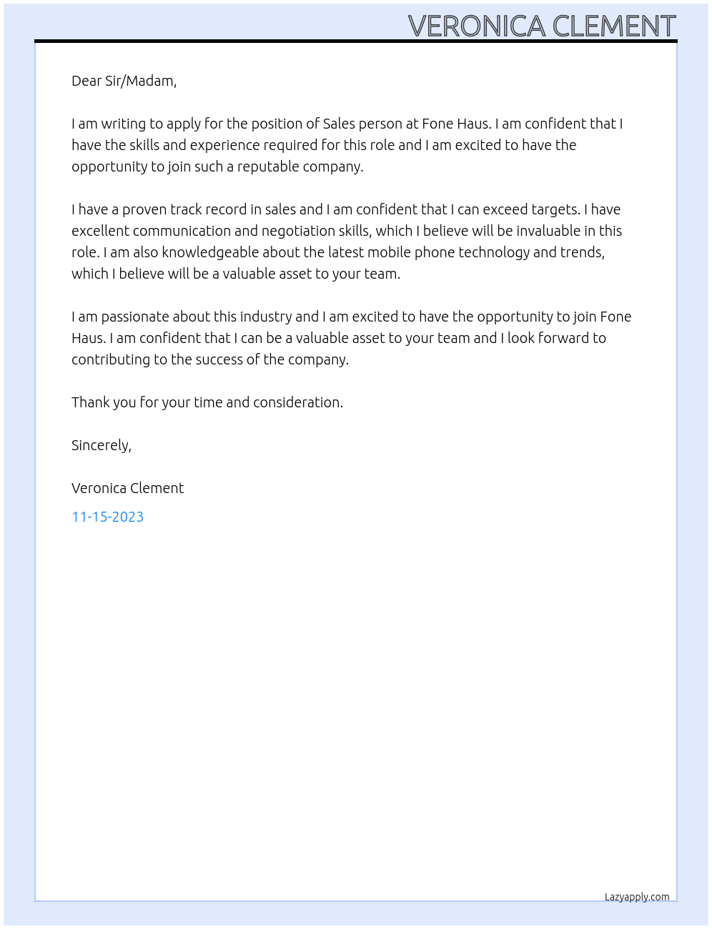 Sales person At Fone Haus Cover Letter