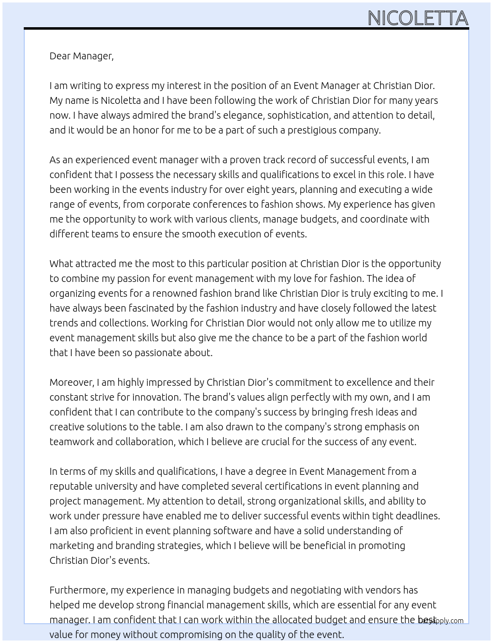 event manager At Christian Dior Cover Letter