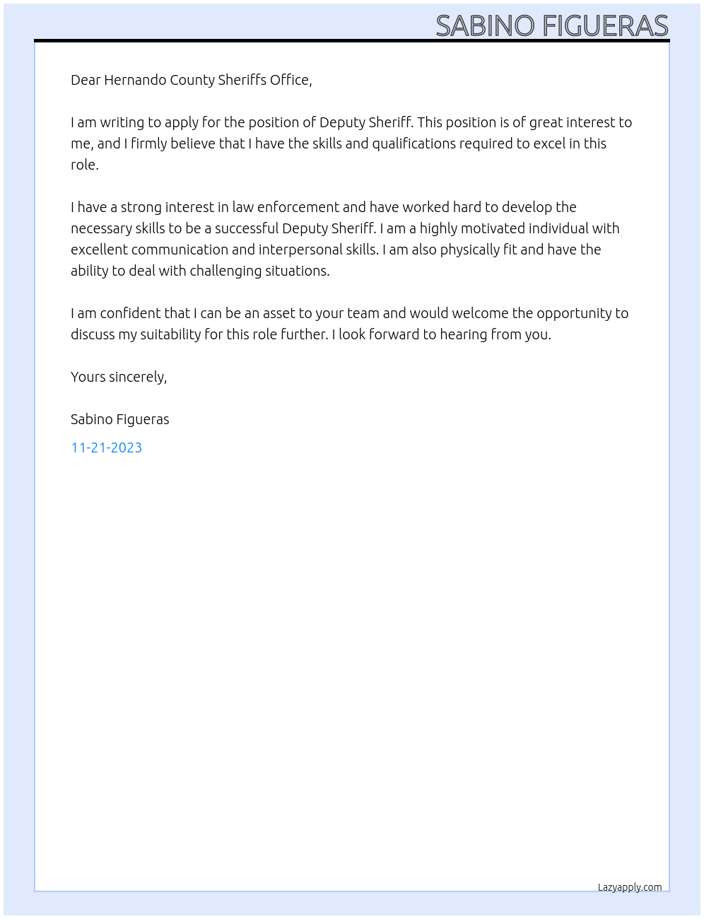 Deputy Sheriff At Hernando County Sheriffs Office Cover Letter