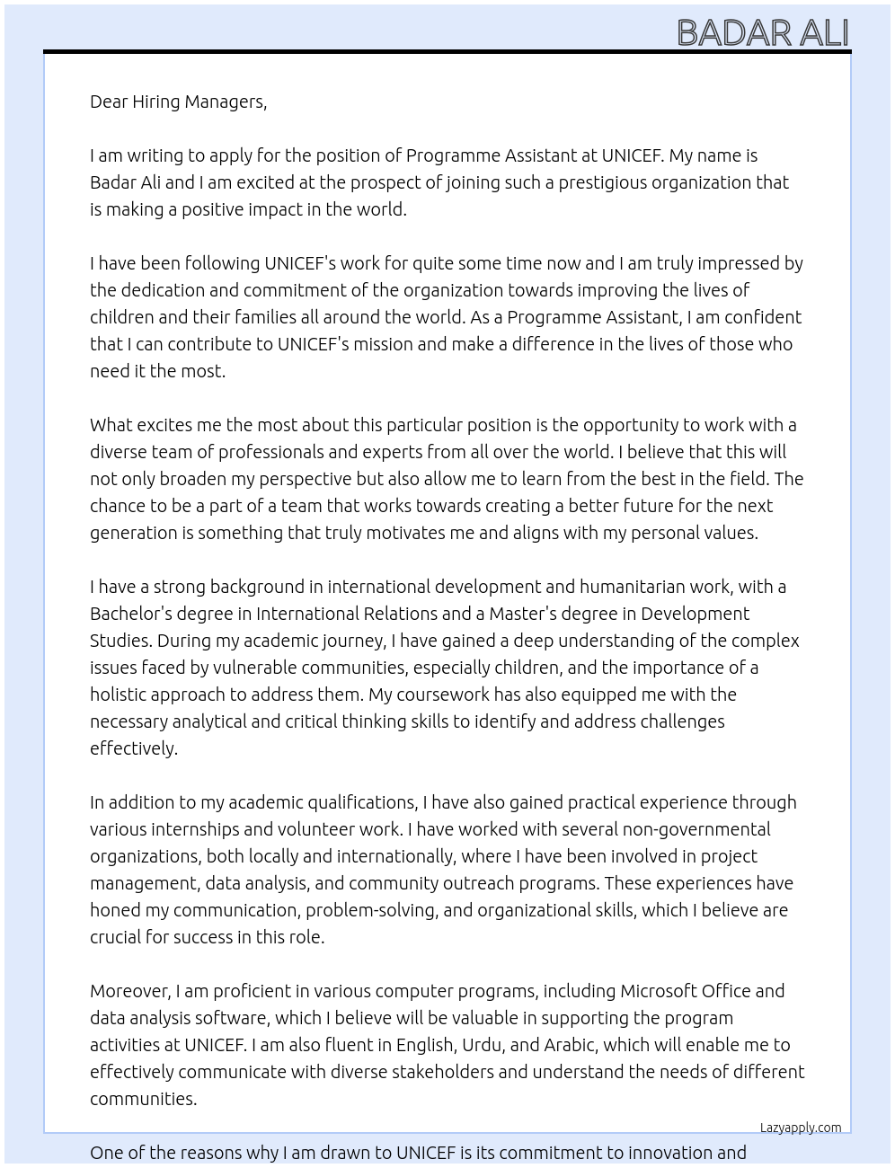 Programme Assistant At UNICEF Cover Letter