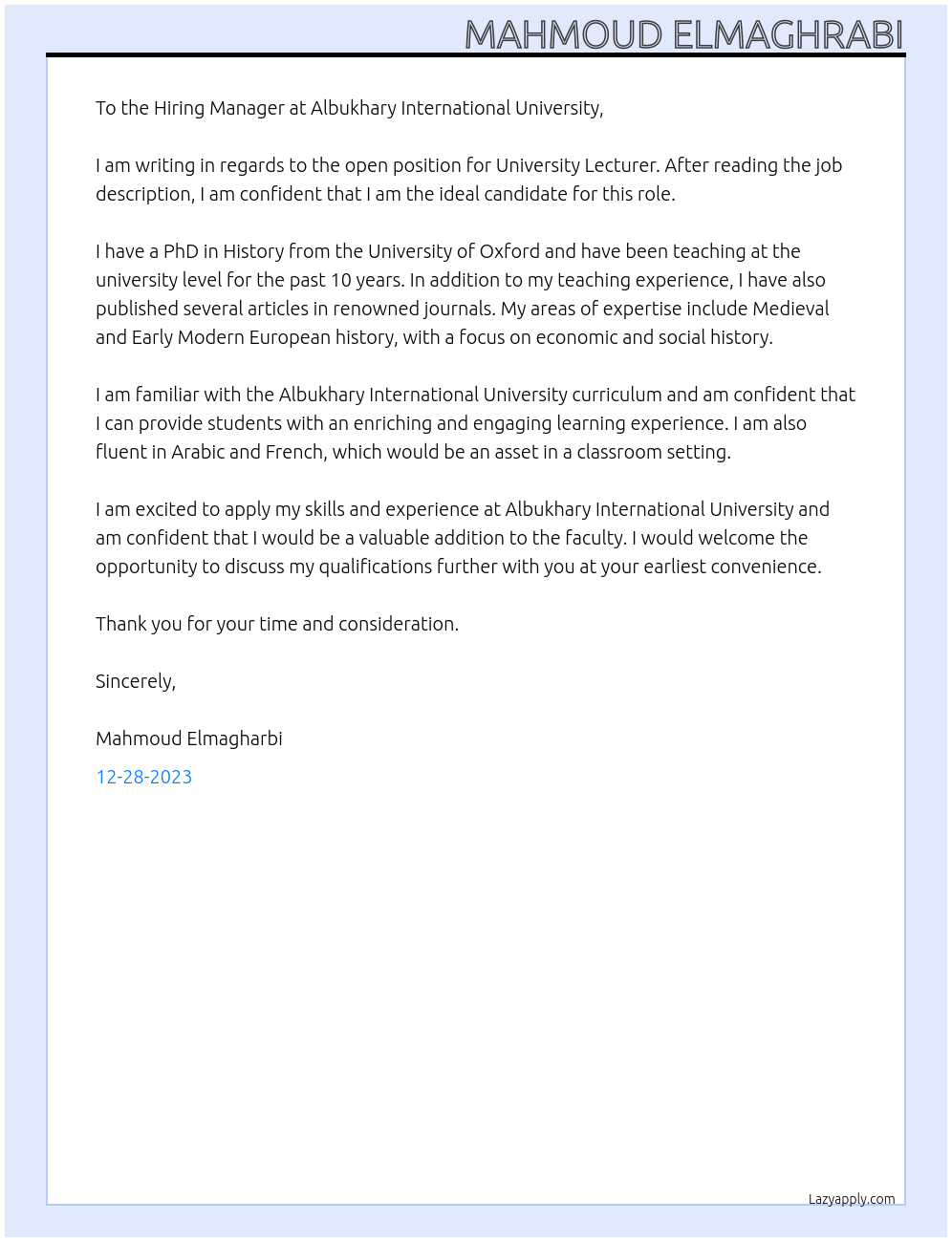 University Lecturer  At Albukhary International University Cover Letter