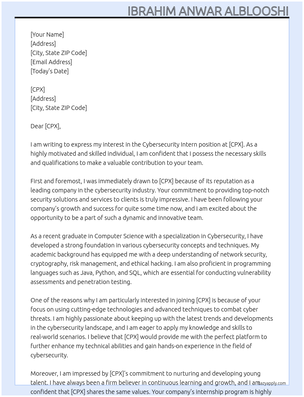 cybersecurity intern At CPX Cover Letter