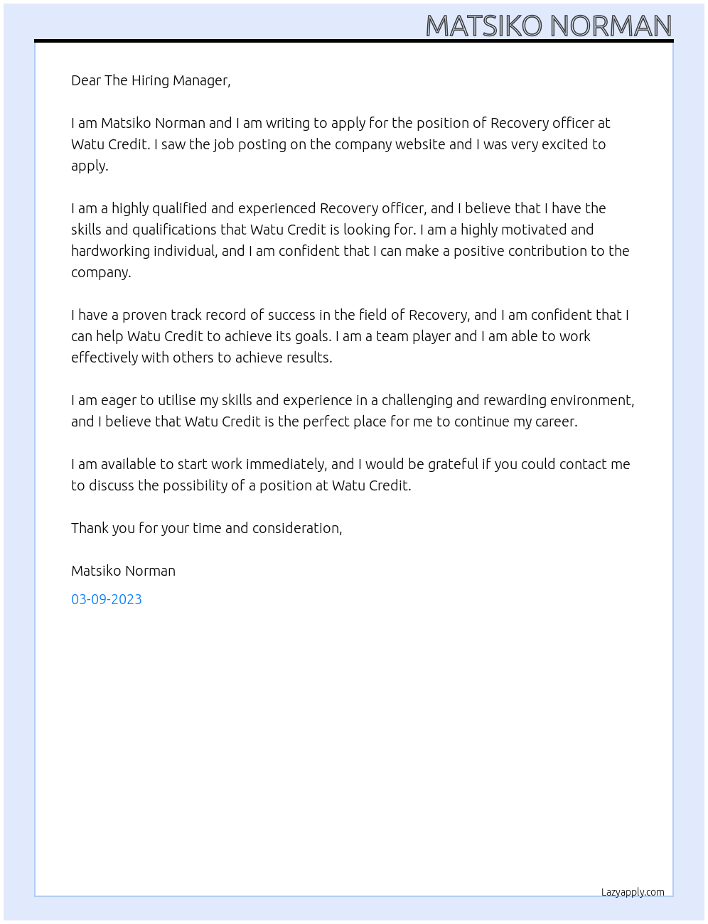 Recovery officer At Watu Credit Cover Letter