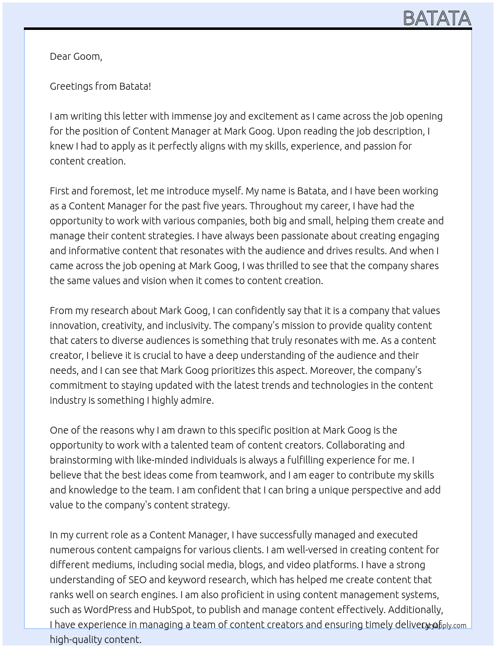 Content Manager At Mark Goog Cover Letter